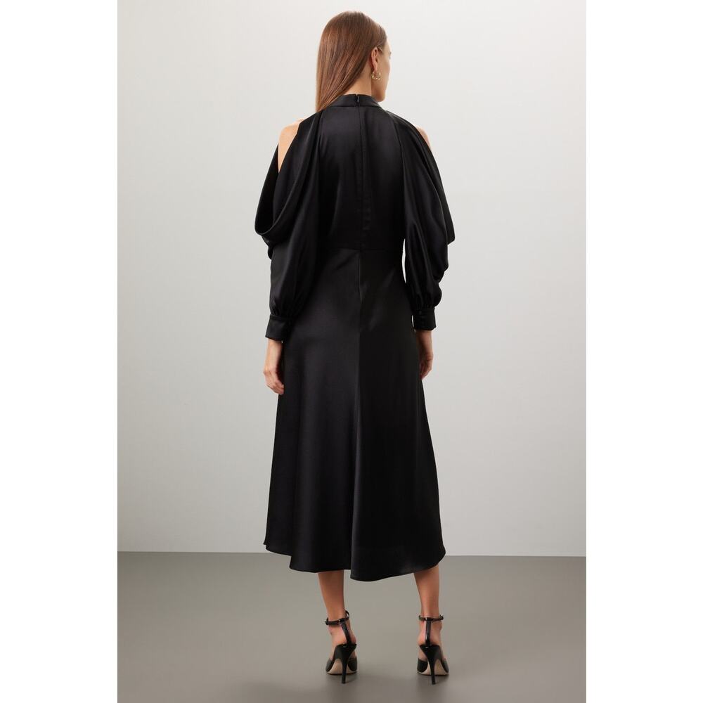 Arias New York Black Mock Neck Cold Shoulder Long Sleeve Cocktail Midi Dress 2 - Picture 3 of 16